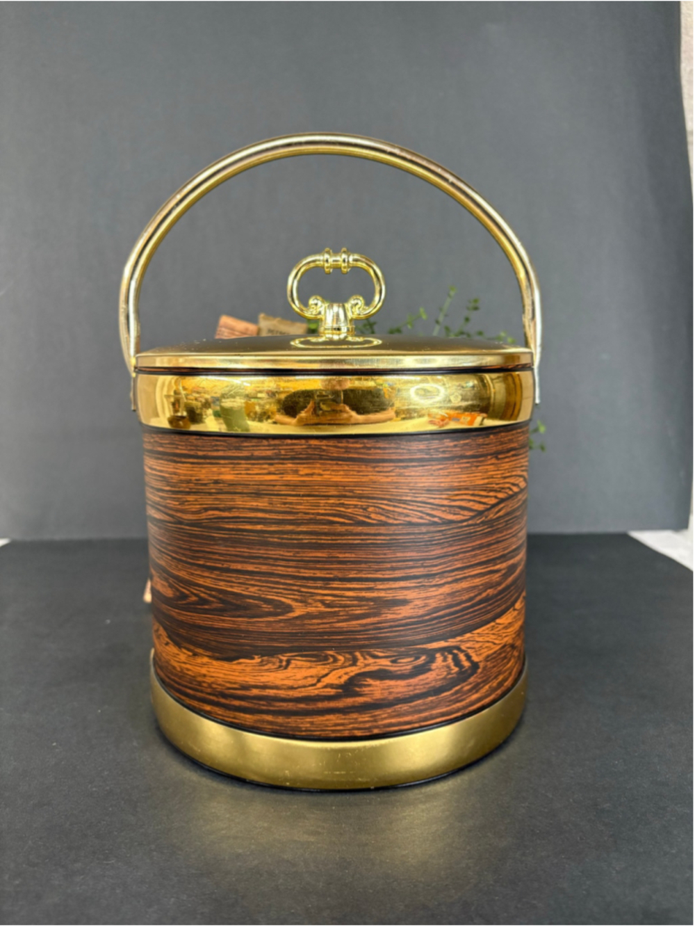 Vintage Wood Grain and Gold Ice Bucket, One Size, Brown and Gold MCM